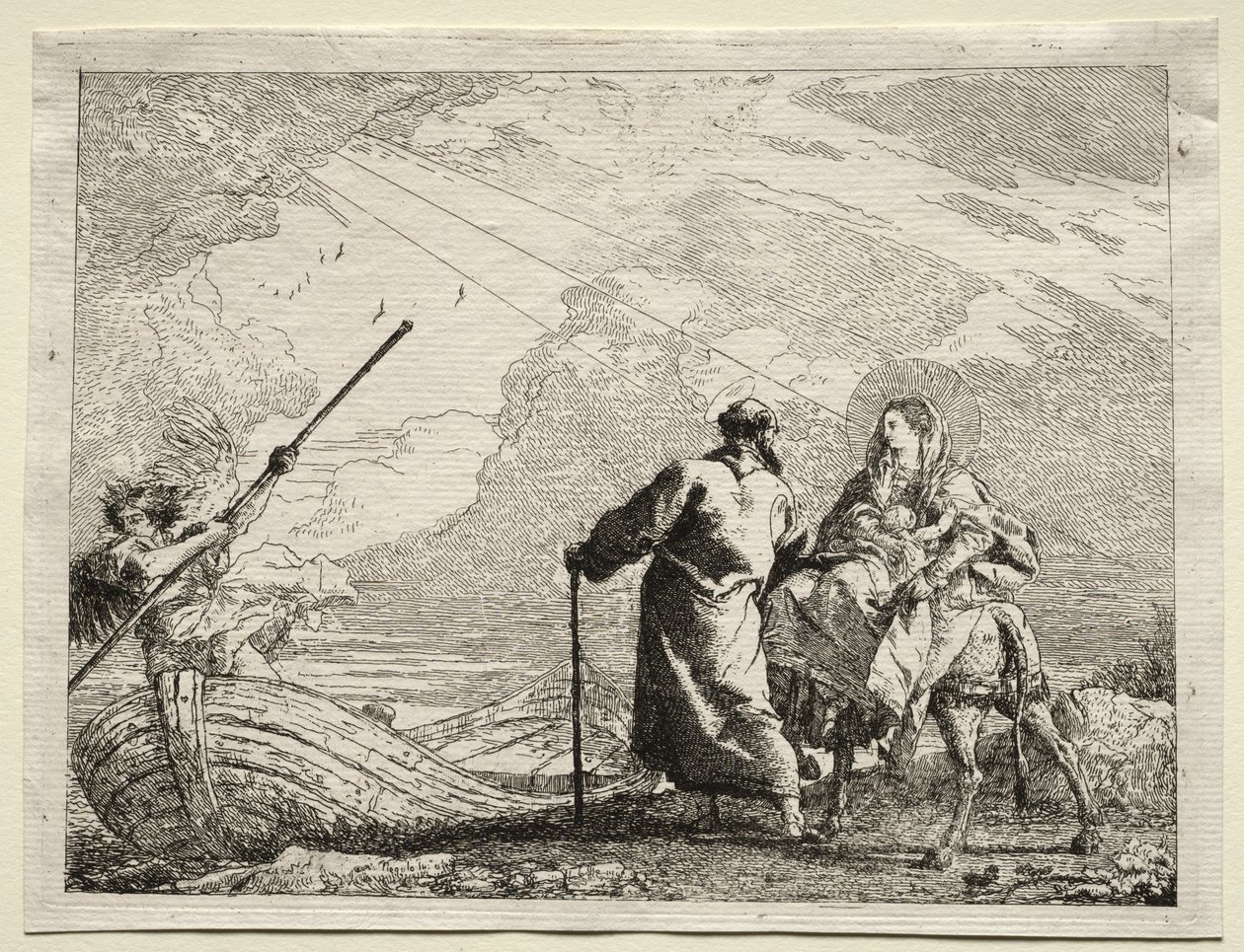 Ucieczka do Egiptu: Święta Rodzina przybywająca na brzeg rzeki autorstwa Giovanni Domenico Tiepolo