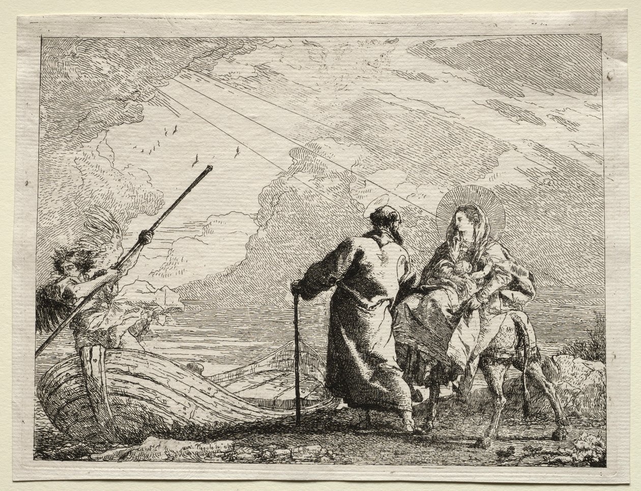 Ucieczka do Egiptu: Święta Rodzina przybywająca na brzeg rzeki. autorstwa Giovanni Domenico Tiepolo