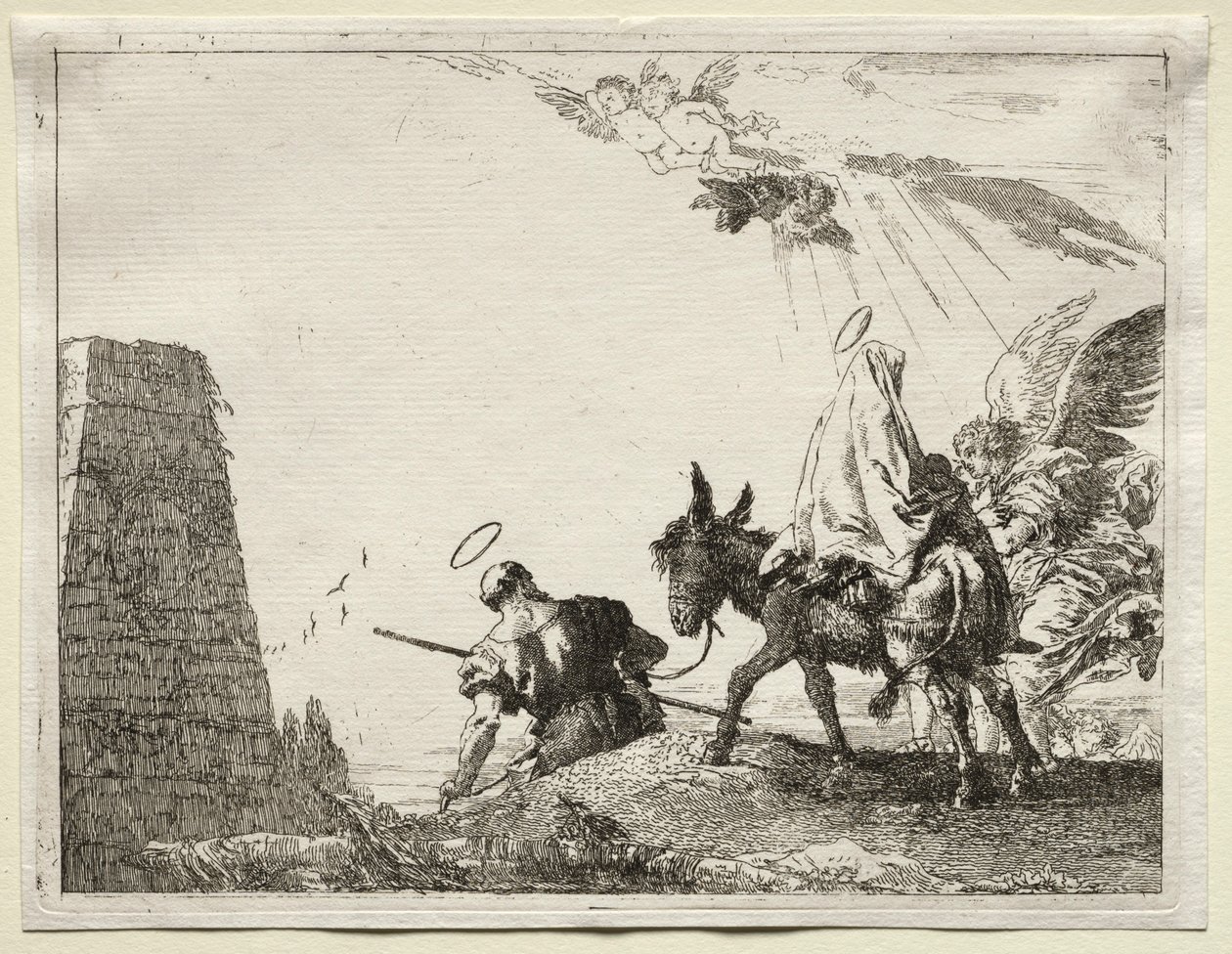 Ucieczka do Egiptu: Święta Rodzina przechodząca w pobliżu piramidy. autorstwa Giovanni Domenico Tiepolo
