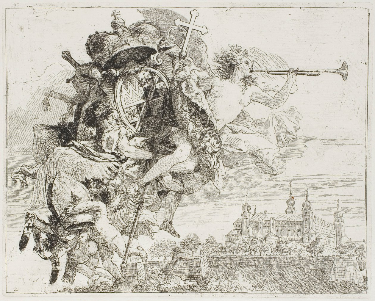 Frontyspis: Ramiona Carla Philippa von Greiffenklau niesione przez anioła, z „Ucieczki do Egiptu” autorstwa Giovanni Domenico Tiepolo