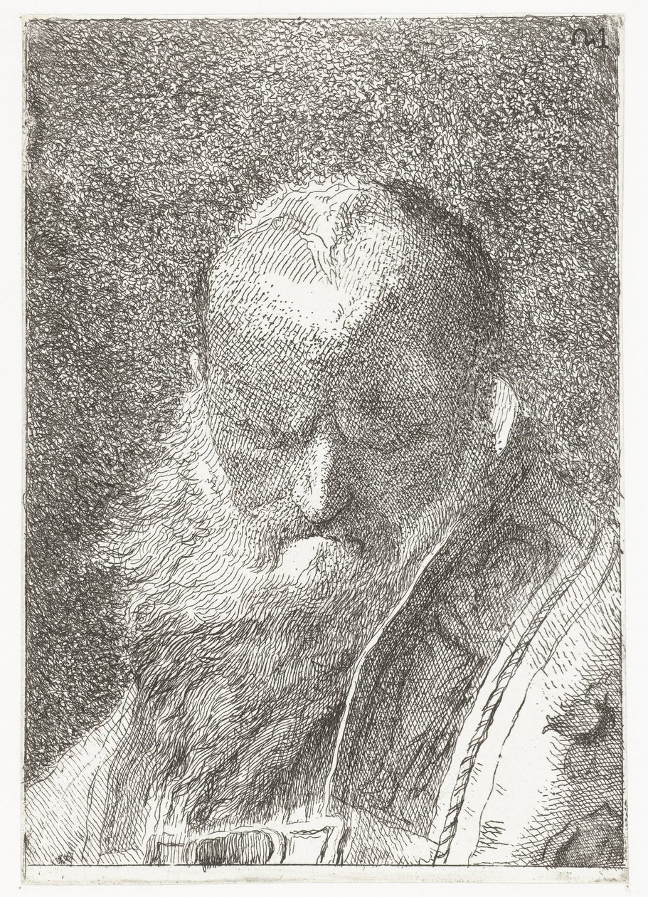Kleryk z łysą głową w ornacie Kolekcja głów (tytuł serii) Raccolta di Teste (tytuł serii) autorstwa Giovanni Domenico Tiepolo