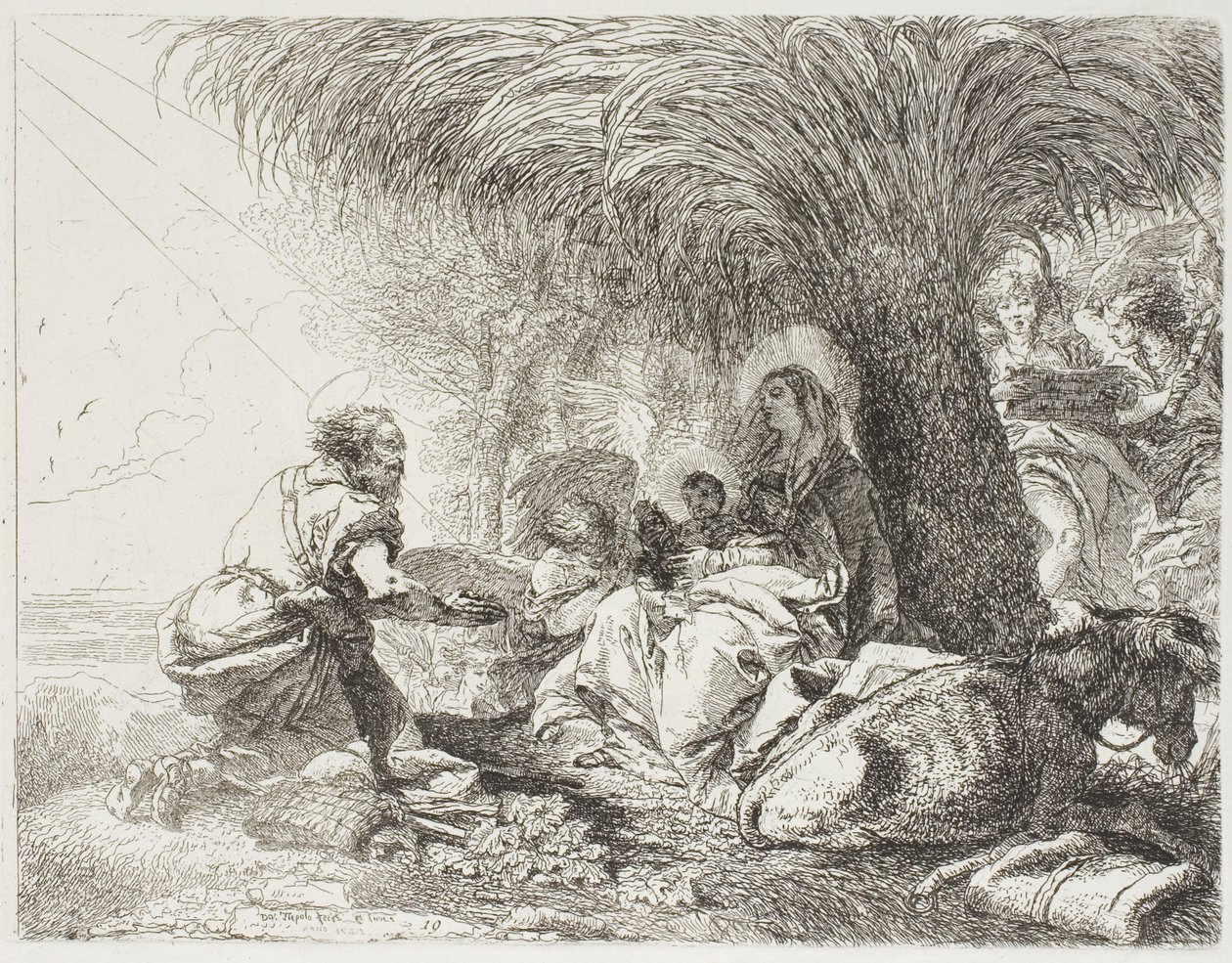 Józef adorujący dziecko, podczas gdy dwa anioły śpiewają, płyta dziewiętnasta z „Ucieczki do Egiptu” autorstwa Giovanni Domenico Tiepolo