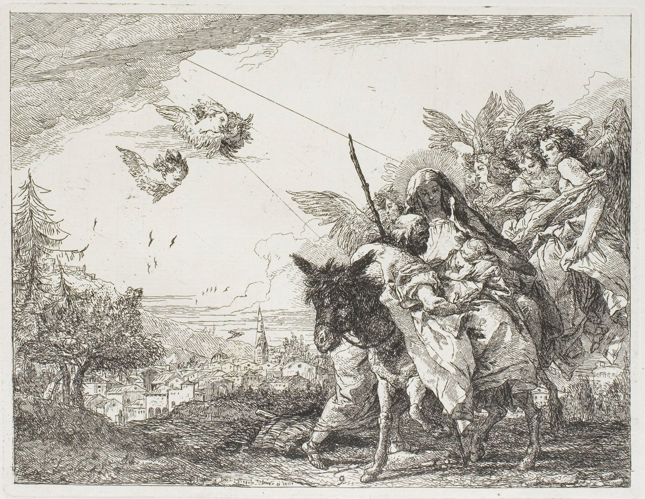 Józef adorujący Dzieciątko trzymane w ramionach Maryi, płyta dziewiąta z Ucieczki do Egiptu autorstwa Giovanni Domenico Tiepolo
