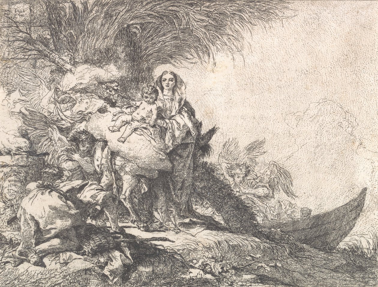 Józef adorujący Dzieciątko Jezus przy dymiącym ołtarzu, z ucieczki do Egiptu, 1752 r. autorstwa Giovanni Domenico Tiepolo