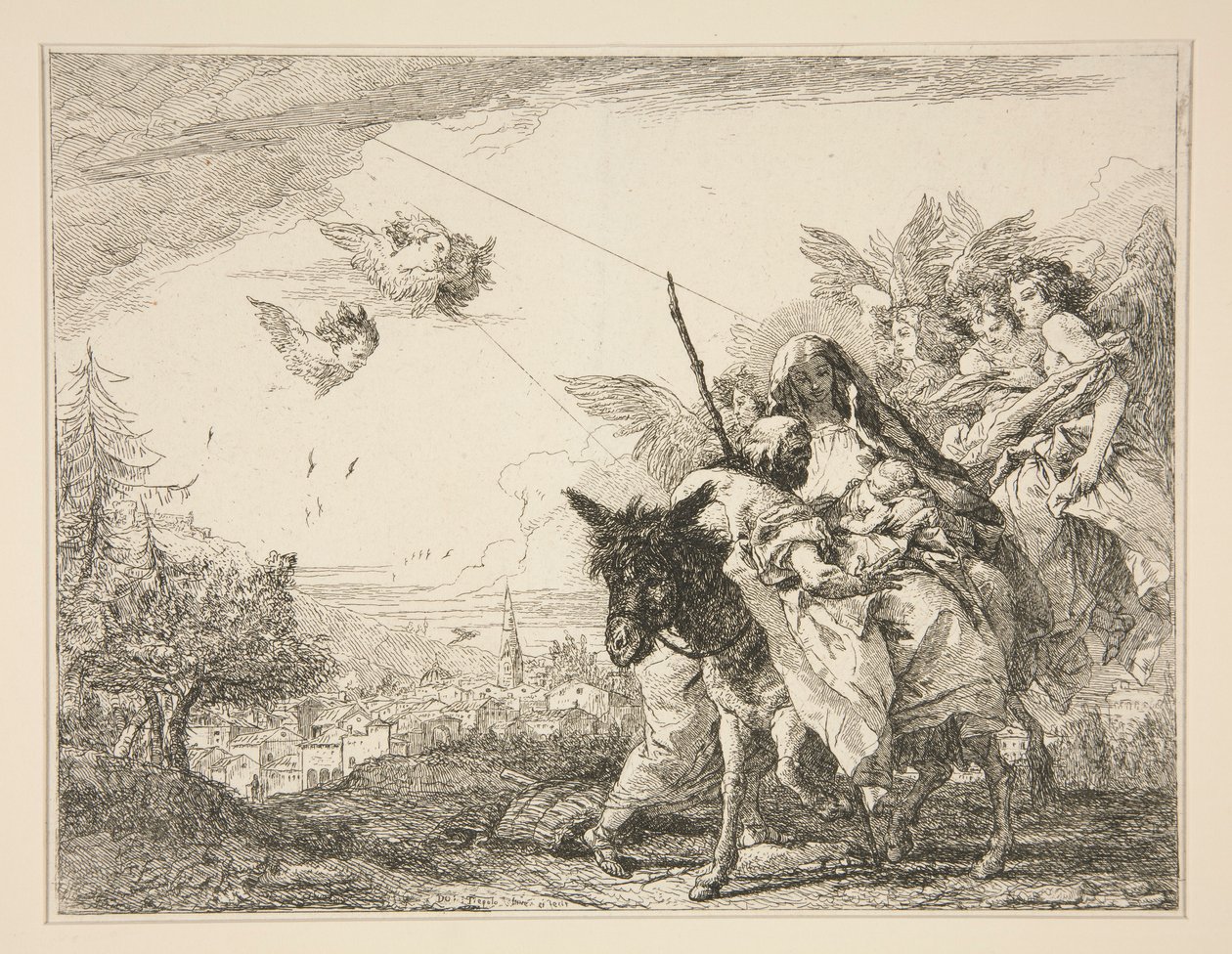 Józef kontempluje Dzieciątko Jezus, z cyklu Malownicze Pomysły na Ucieczkę do Egiptu (Ucieczka do Egiptu) autorstwa Giovanni Domenico Tiepolo