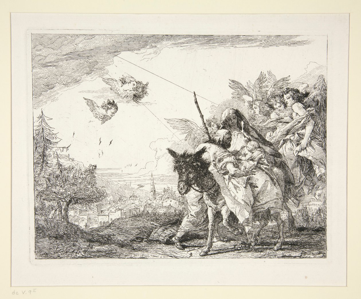Józef kontempluje Dzieciątko Jezus, z cyklu Malownicze Pomysły na Ucieczkę do Egiptu (Ucieczka do Egiptu) autorstwa Giovanni Domenico Tiepolo
