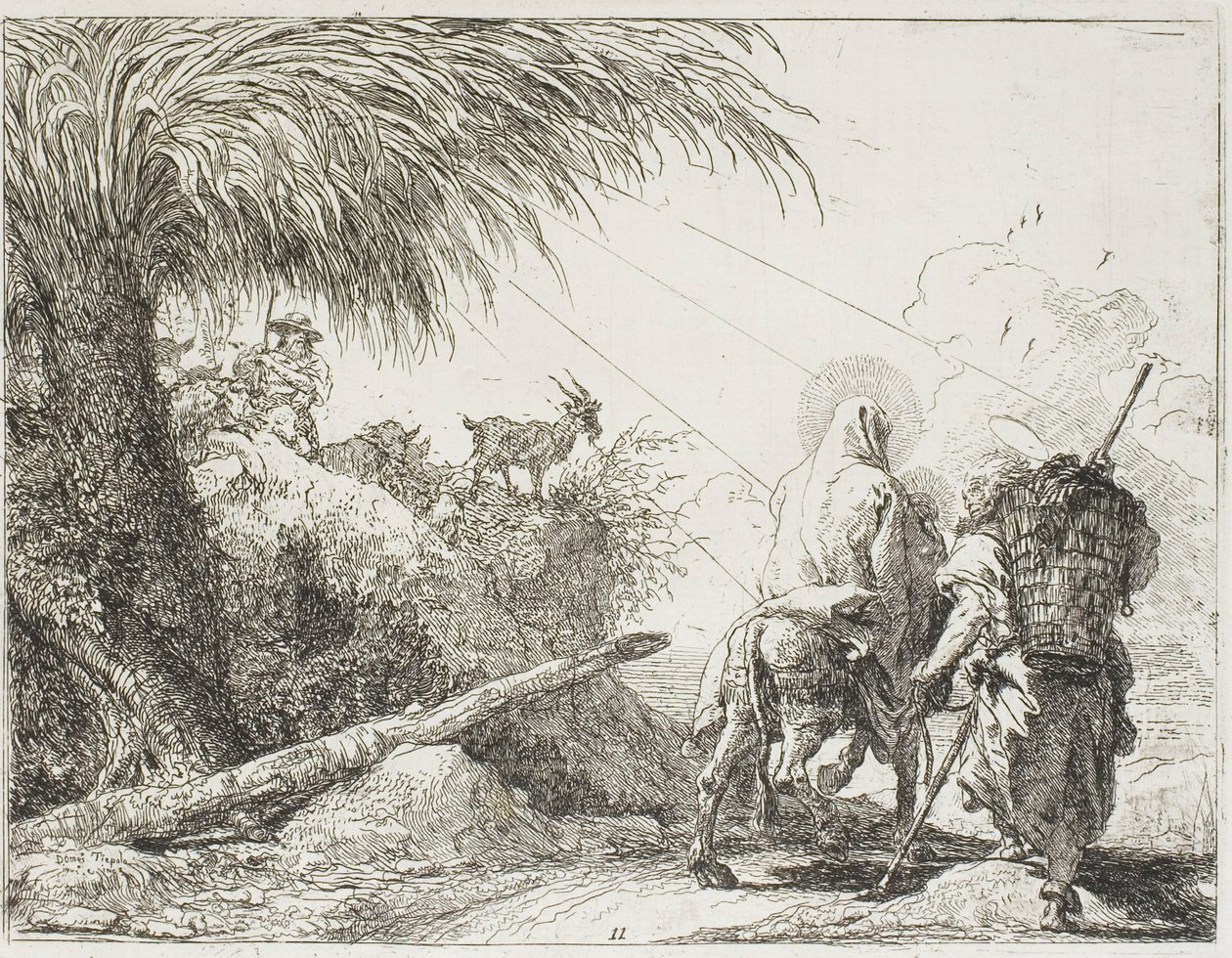 Józef i Maria w drodze z pasterzem i jego trzodą, tablica jedenasta z „Ucieczki do Egiptu” autorstwa Giovanni Domenico Tiepolo