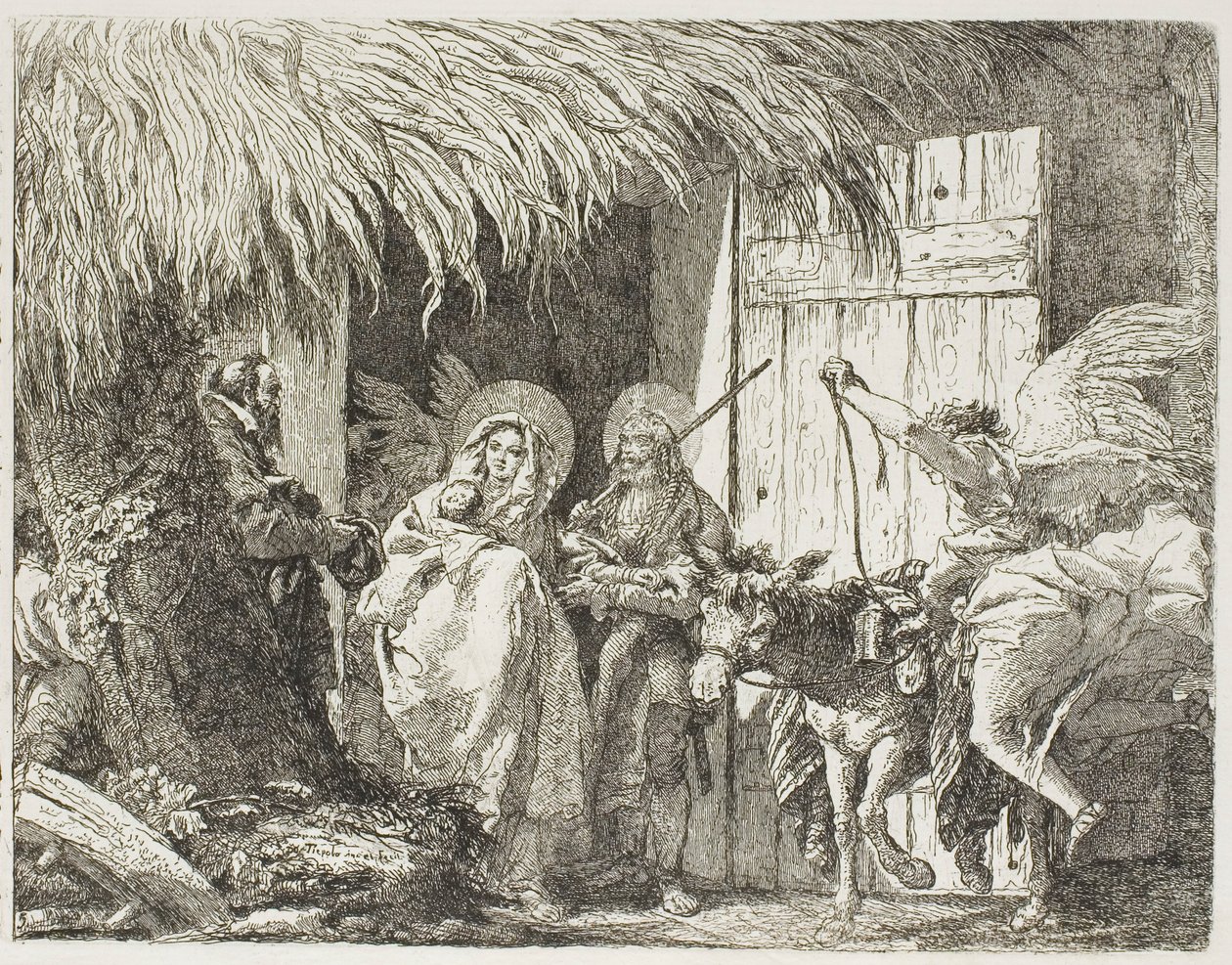 Józef i Maria szukają schronienia, płyta piąta z Ucieczki do Egiptu autorstwa Giovanni Domenico Tiepolo