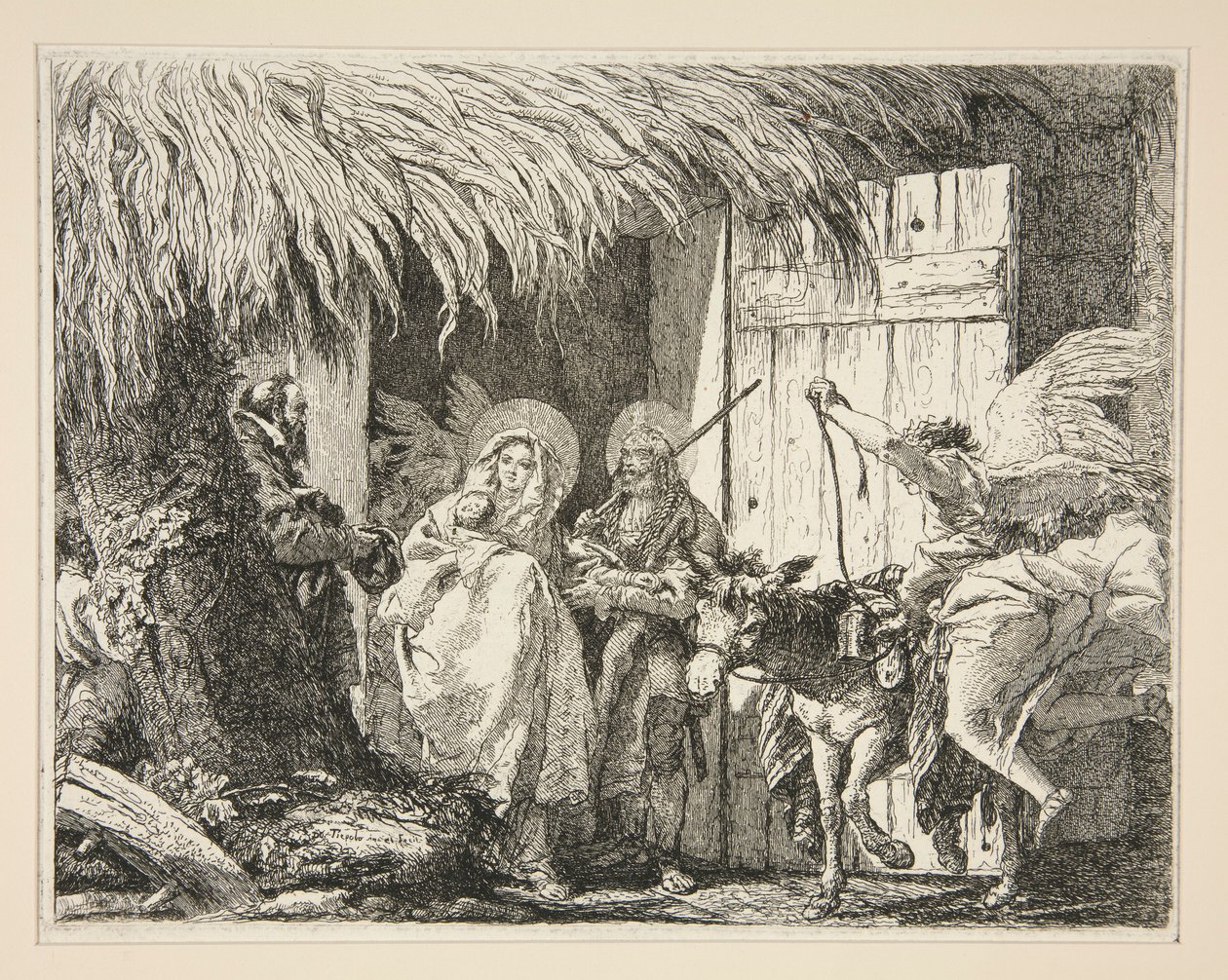 Józef i Maryja przed domem, z cyklu Idee pittoresche sopra la fuga in Egitto (Ucieczka do Egiptu) autorstwa Giovanni Domenico Tiepolo