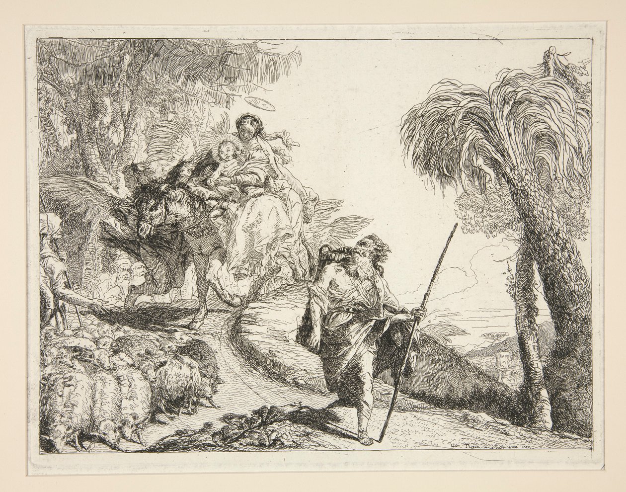 Józef z Dziewicą z Dzieciątkiem, z cyklu Idee pittoresche sopra la fuga in Egitto (Ucieczka do Egiptu) autorstwa Giovanni Domenico Tiepolo