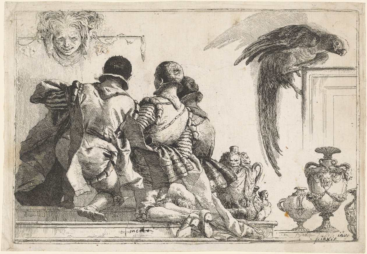 Klęczące strony, maska i papuga autorstwa Giovanni Domenico Tiepolo