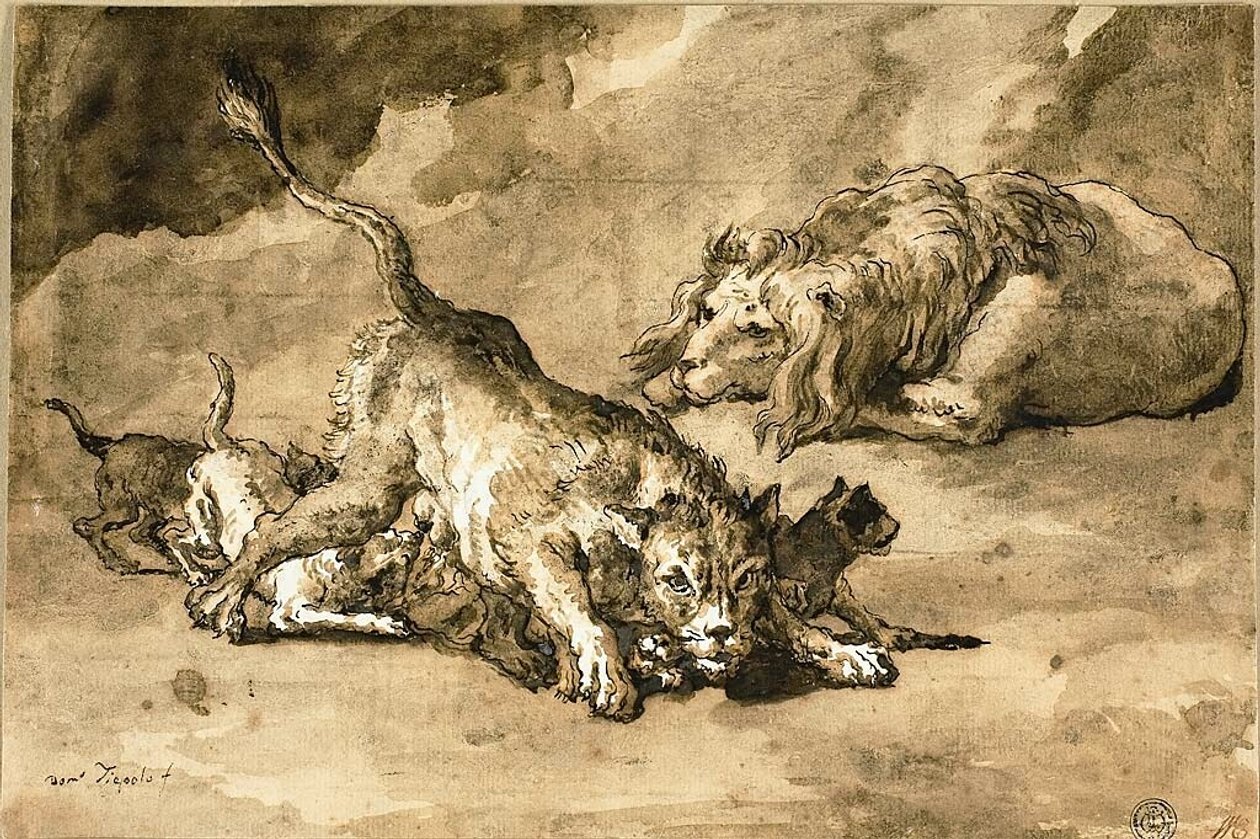 Lew, lwica i młode autorstwa Giovanni Domenico Tiepolo