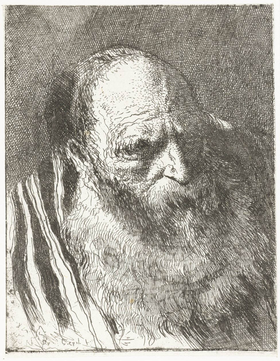 Mężczyzna z brodą w pasiastym płaszczu Kolekcja głów (tytuł serii) Raccolta di Teste (tytuł serii) autorstwa Giovanni Domenico Tiepolo