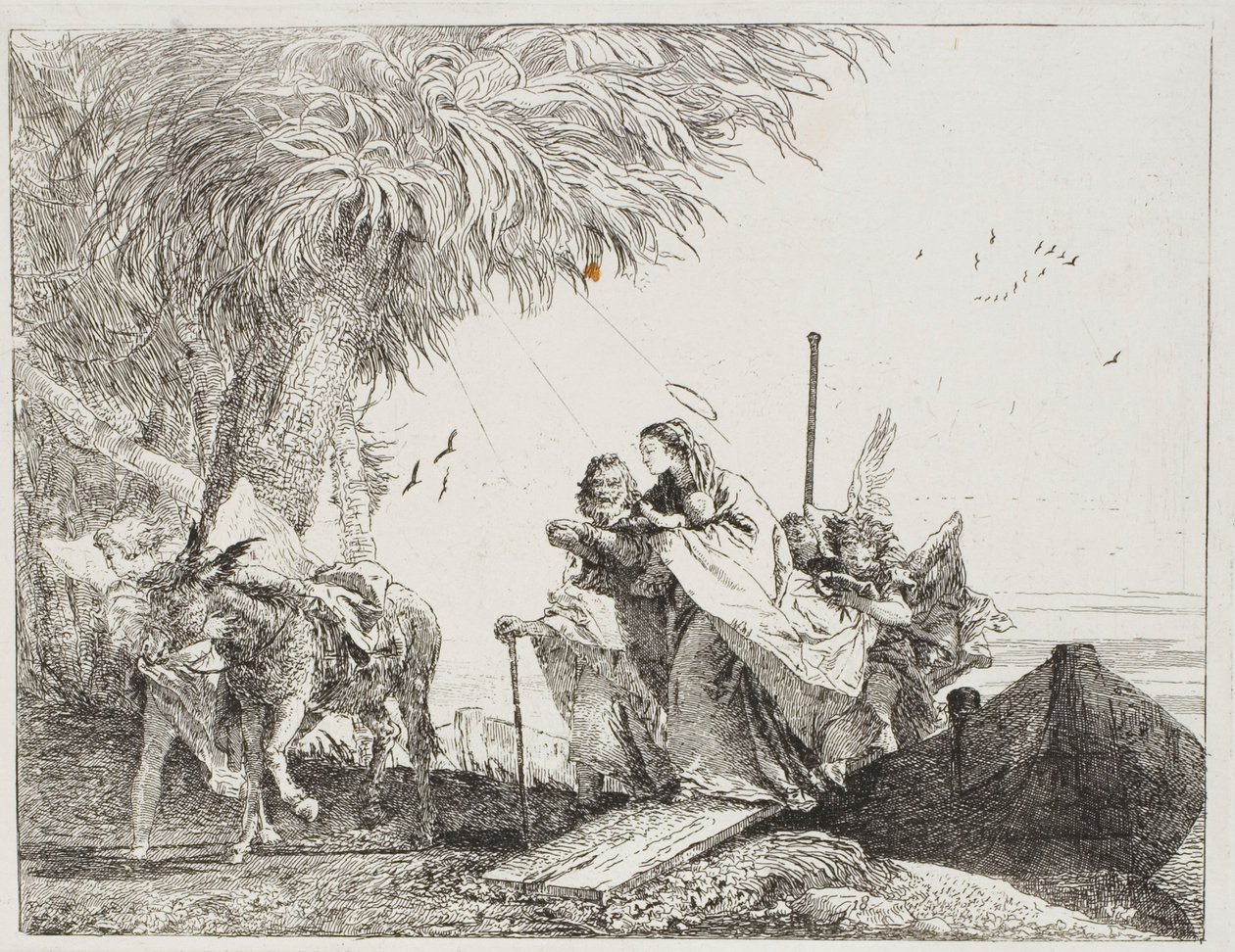 Maryja z pomocą Józefa i Anioła, Wychodząc z łodzi, płyta osiemnasta z Ucieczki do Egiptu autorstwa Giovanni Domenico Tiepolo