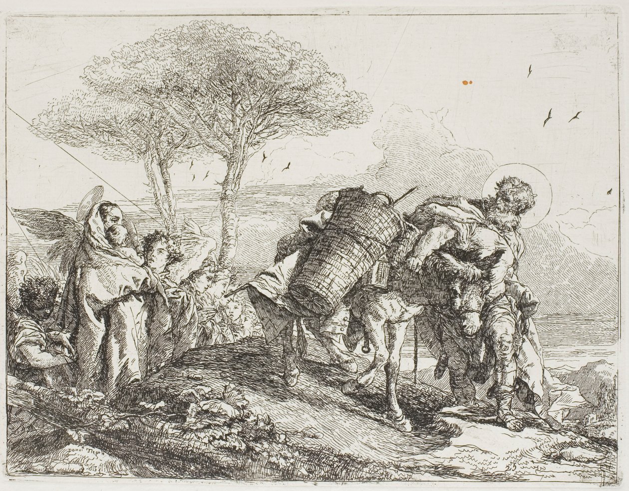 Maryja z pomocą dwóch aniołów podąża za Józefem z osłem, płyta 25 z „Ucieczki do Egiptu” autorstwa Giovanni Domenico Tiepolo