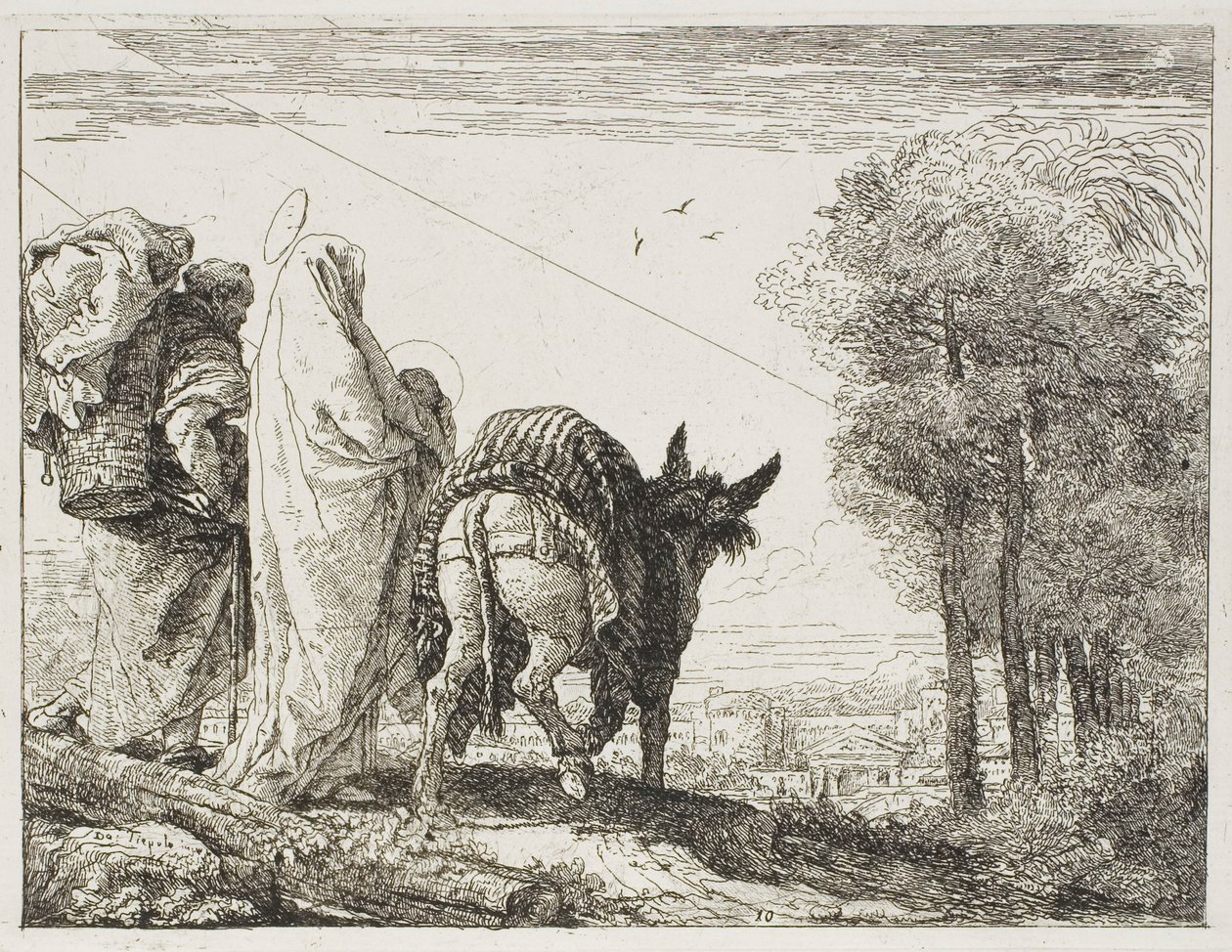 Maryja trzymająca dziecko w ramionach i Józef z koszem, tablica dziesiąta z Ucieczki do Egiptu autorstwa Giovanni Domenico Tiepolo