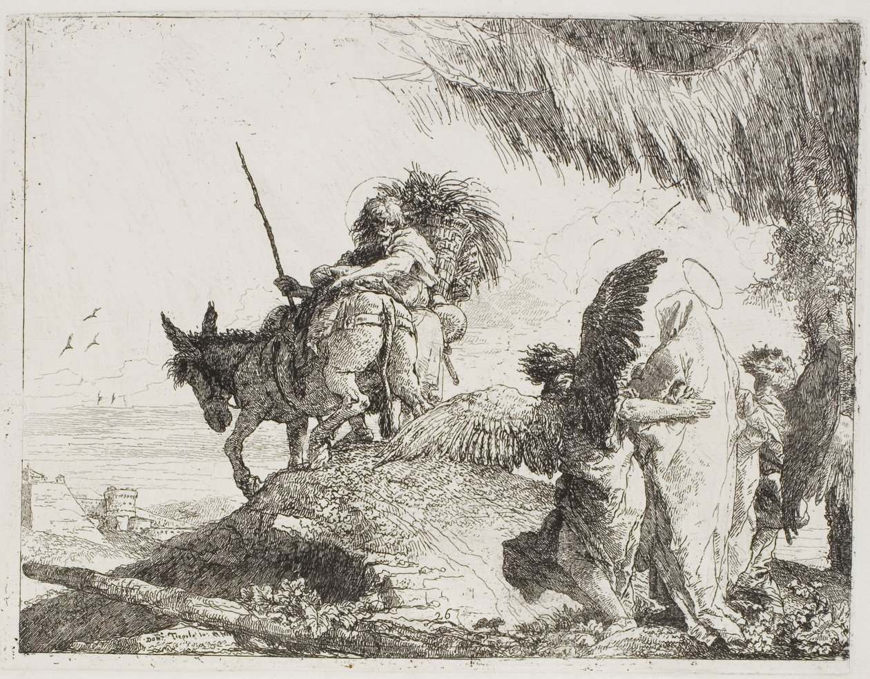 Maryja wspierana przez dwóch aniołów podąża za Józefem, płyta 26 z filmu Ucieczka do Egiptu autorstwa Giovanni Domenico Tiepolo