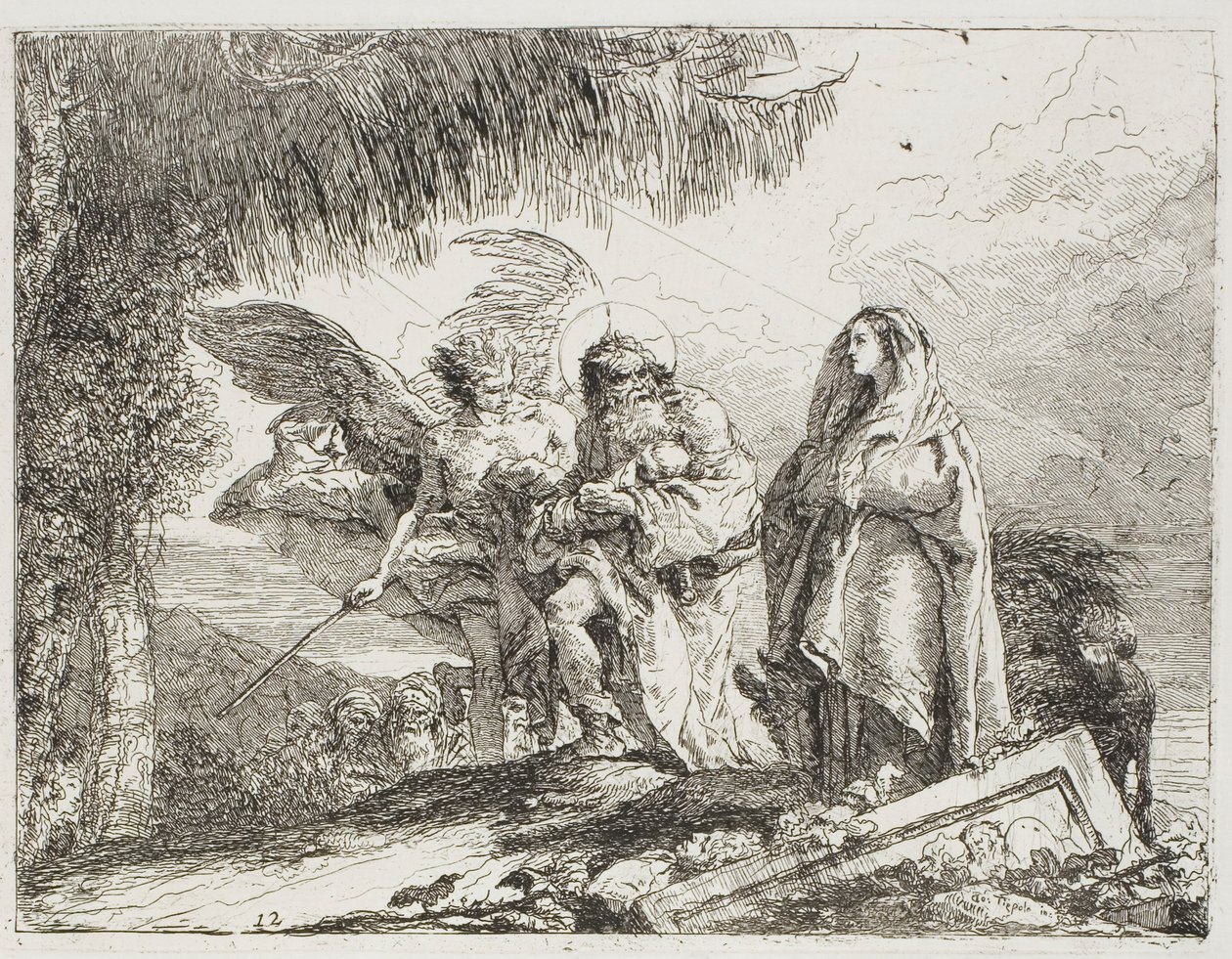 Maryja i Józef, trzymający Dzieciątko, są eskortowani przez anioła, płyta dwunasta z „Ucieczki do Egiptu” autorstwa Giovanni Domenico Tiepolo