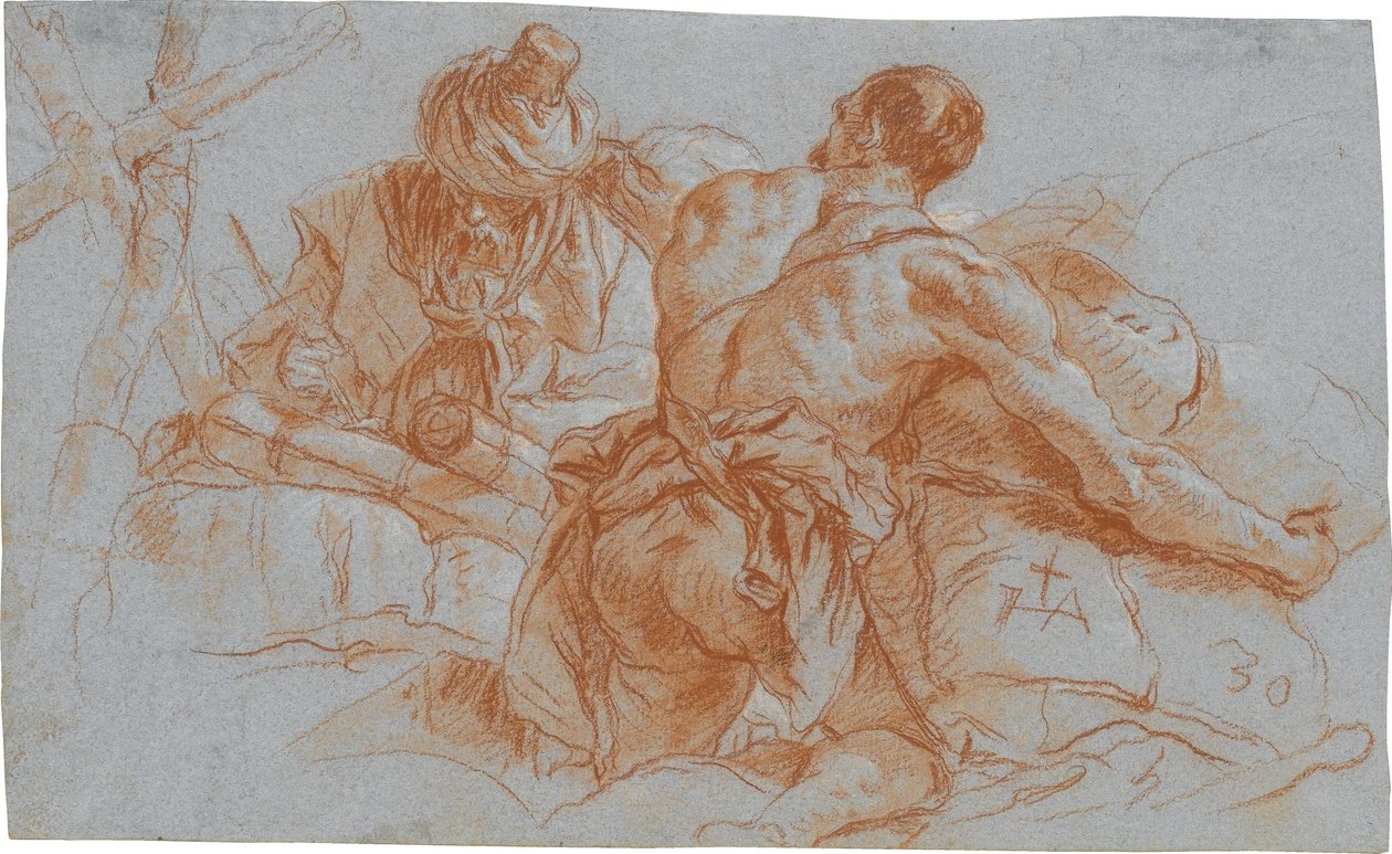 Orientalische Handelsleute mit Warenballen; verso: Skizze zu einem angewinkelten linken Arm autorstwa Giovanni Domenico Tiepolo
