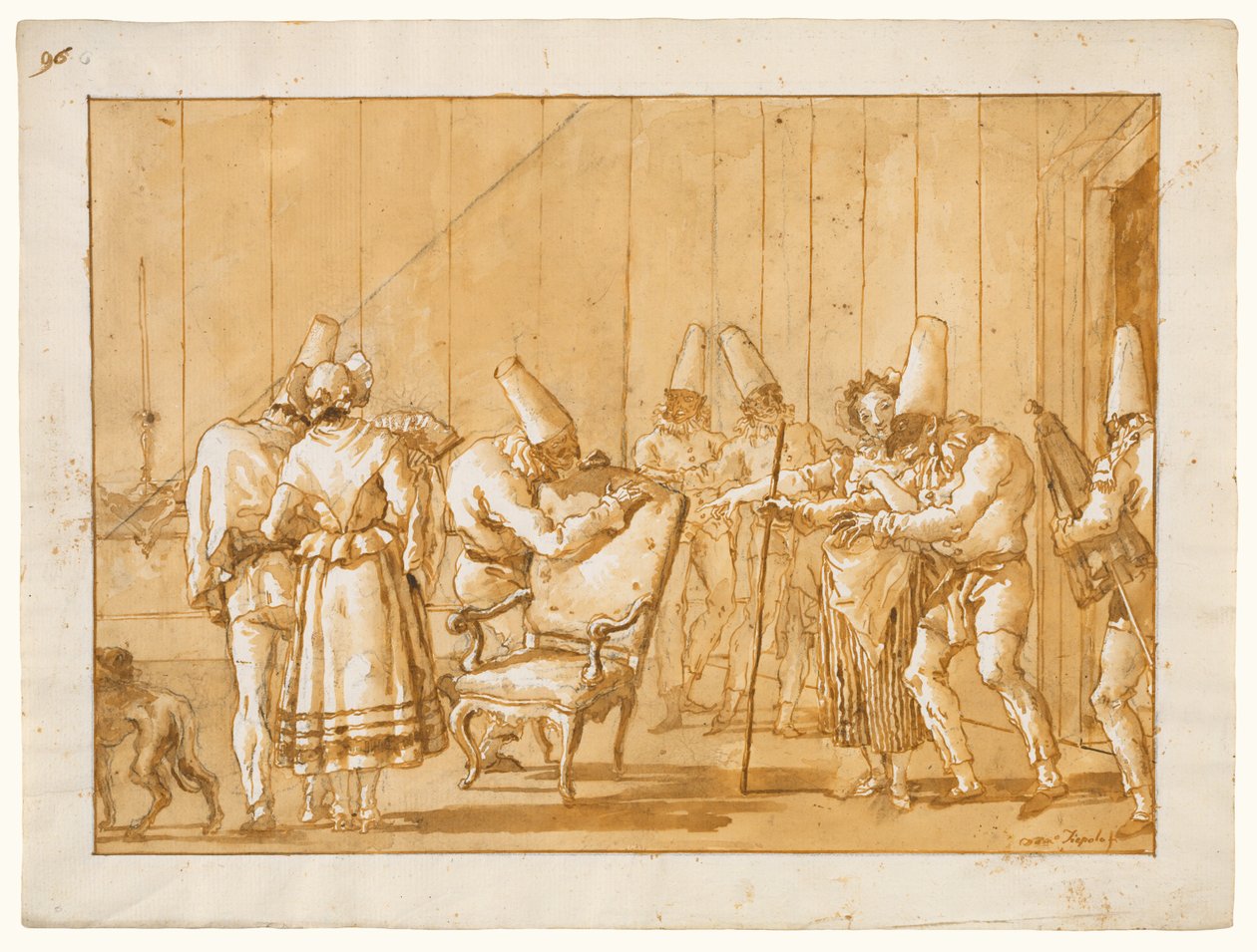Punchinello zostaje poprowadzony do krzesła autorstwa Giovanni Domenico Tiepolo
