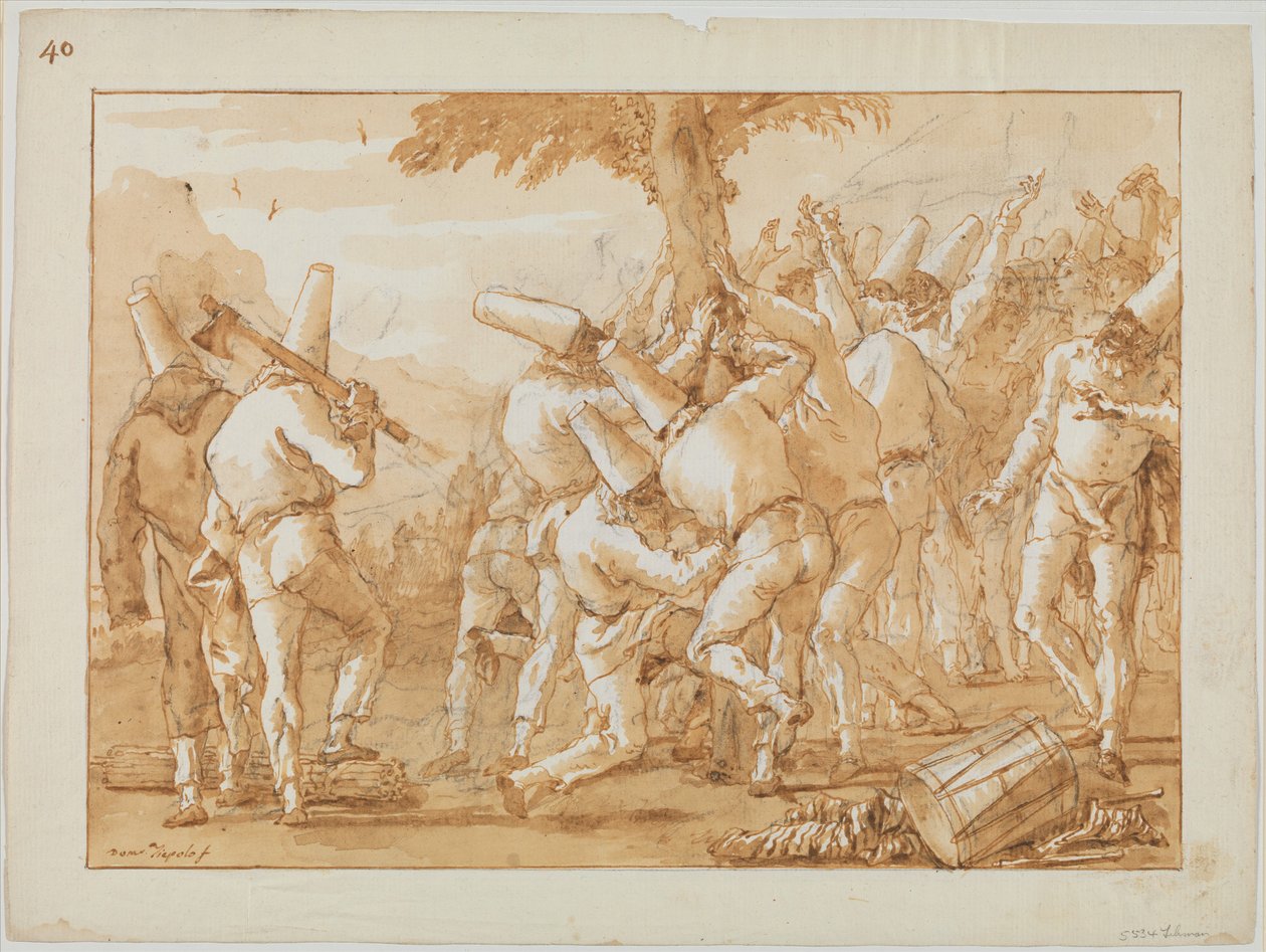 Punchinellos fällen (oder pflanzen) einen Baum autorstwa Giovanni Domenico Tiepolo