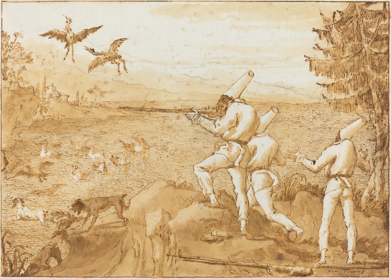 Punchinellos Polowanie na ptactwo wodne autorstwa Giovanni Domenico Tiepolo