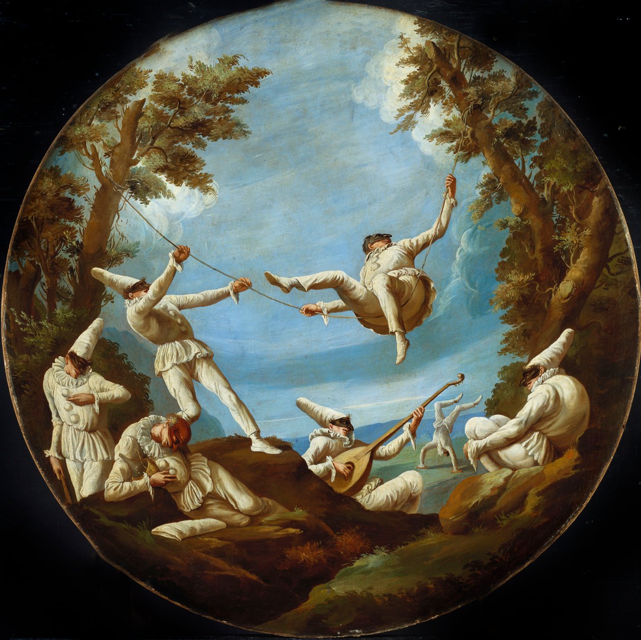 Punchinellos na huśtawkach, tworzenie muzyki i wykonywanie akrobatyki w krajobrazie autorstwa Giovanni Domenico Tiepolo