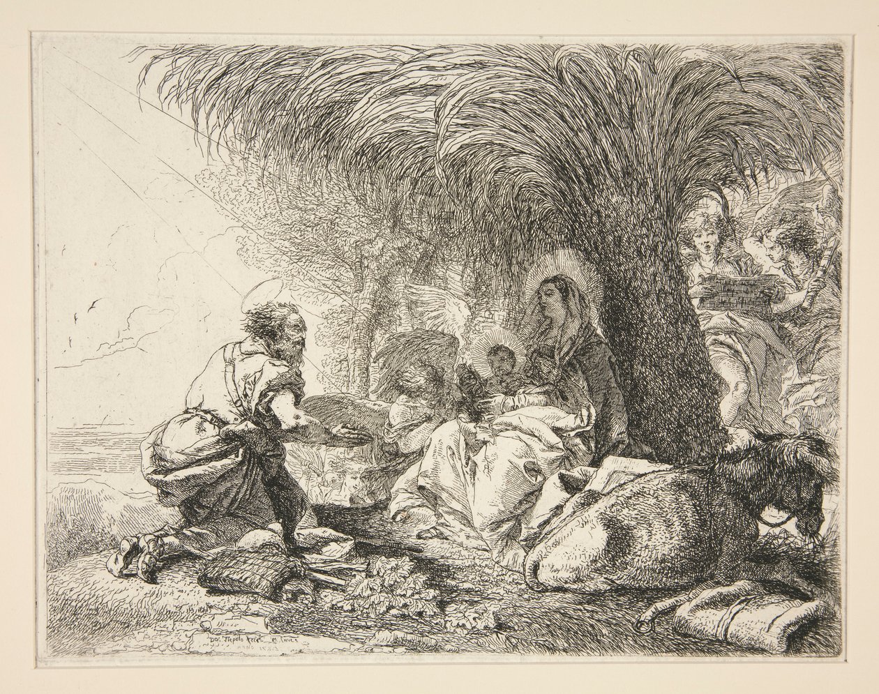 Święty Józef adorujący Dzieciątko Jezus, z cyklu Idee pittoresche sopra la fuga in Egitto (Ucieczka do Egiptu) autorstwa Giovanni Domenico Tiepolo