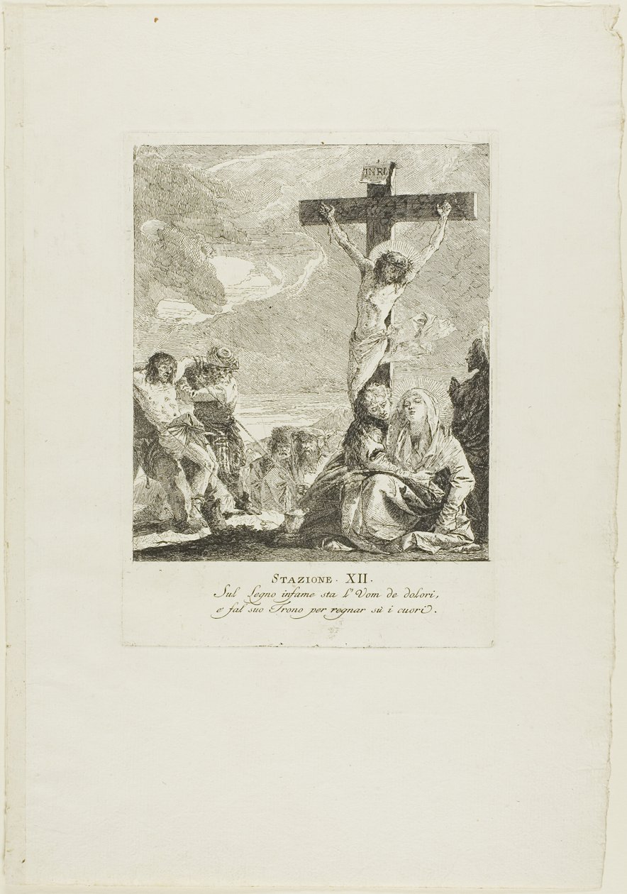 Ukrzyżowanie, płyta dwunasta z Drogi Krzyżowej autorstwa Giovanni Domenico Tiepolo