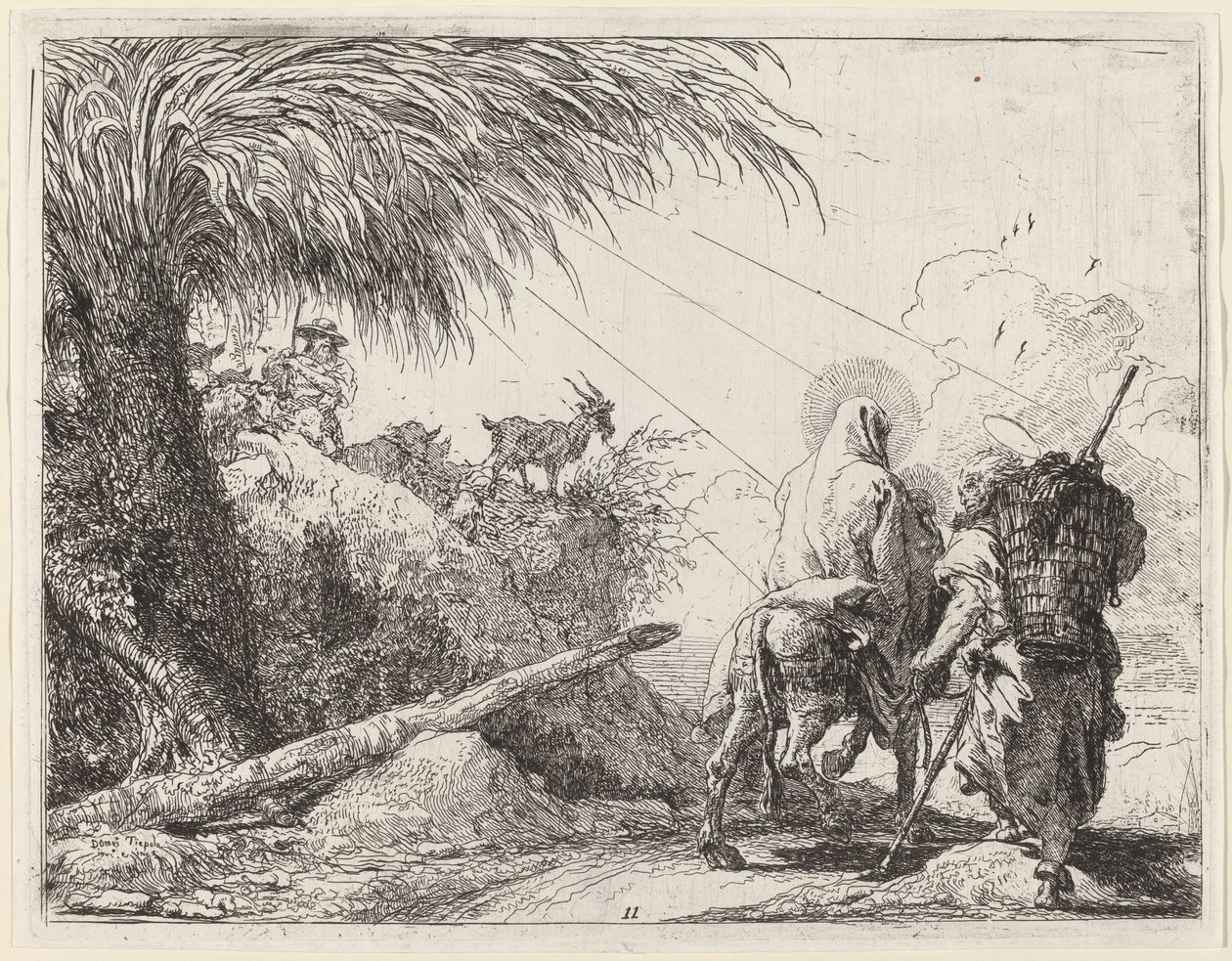 Ucieczka, Święta Rodzina po prawej, Józef patrzący w lewo autorstwa Giovanni Domenico Tiepolo