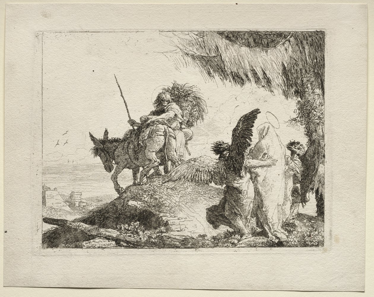 Ucieczka do Egiptu: Ucieczka z Madonną po prawej wspierana przez anioły autorstwa Giovanni Domenico Tiepolo