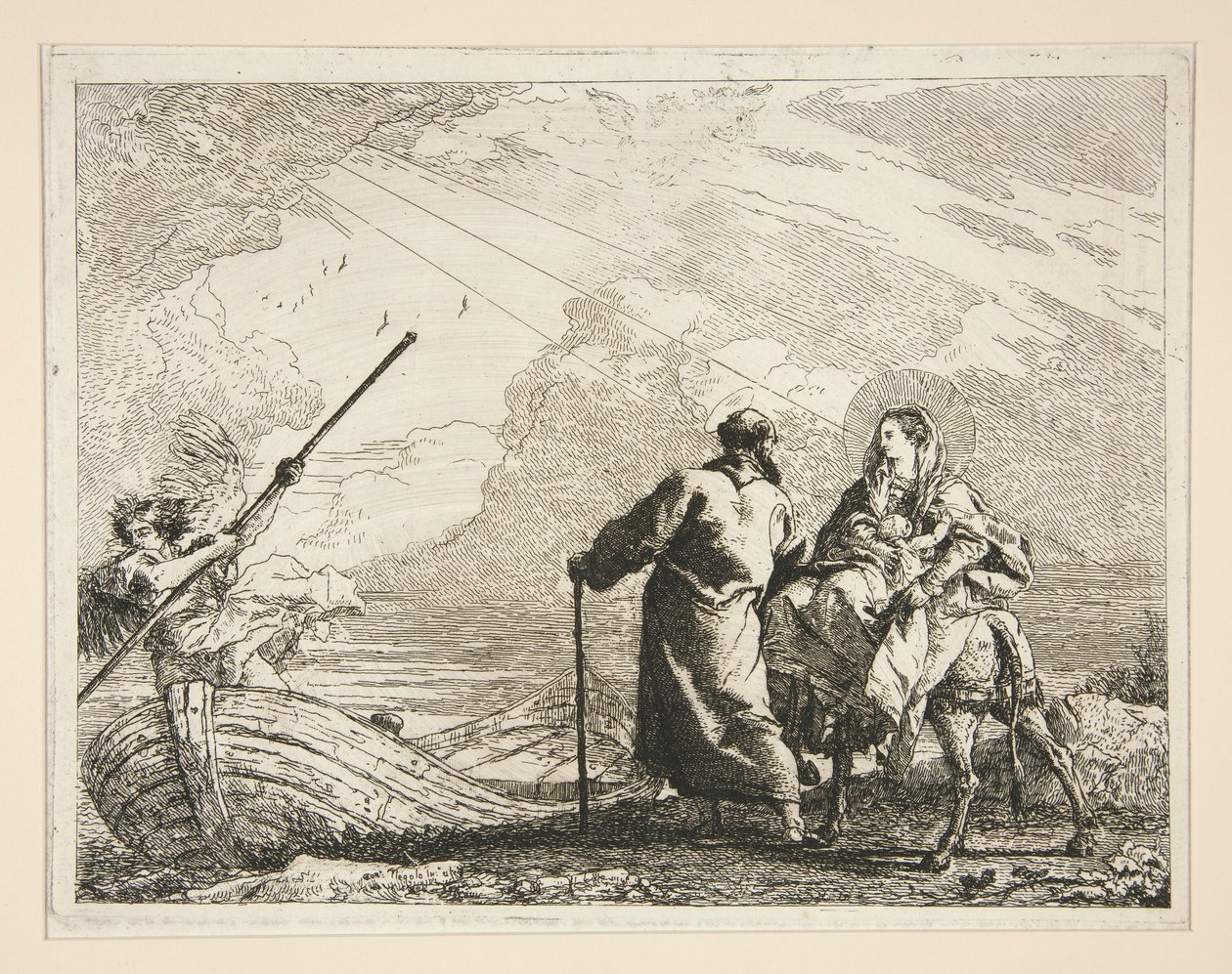 Święta Rodzina przybywa na brzeg rzeki, z cyklu Idee pittoresche sopra la fuga in Egitto (Ucieczka do Egiptu) autorstwa Giovanni Domenico Tiepolo