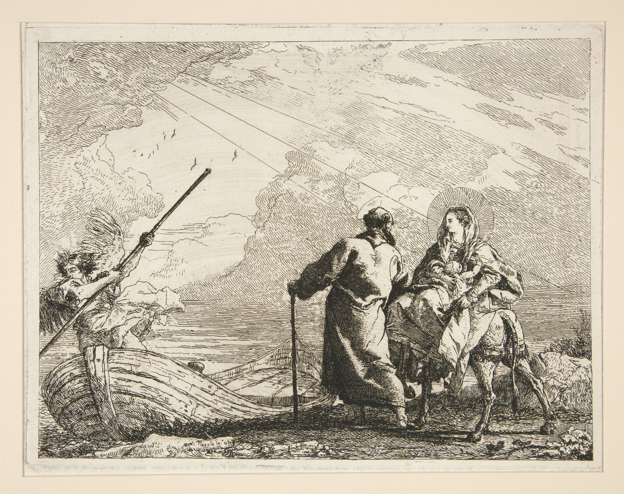 Święta Rodzina przybywa na brzeg rzeki, z serii Idee pittoresche sopra la fuga in Egitto (Ucieczka do Egiptu) autorstwa Giovanni Domenico Tiepolo