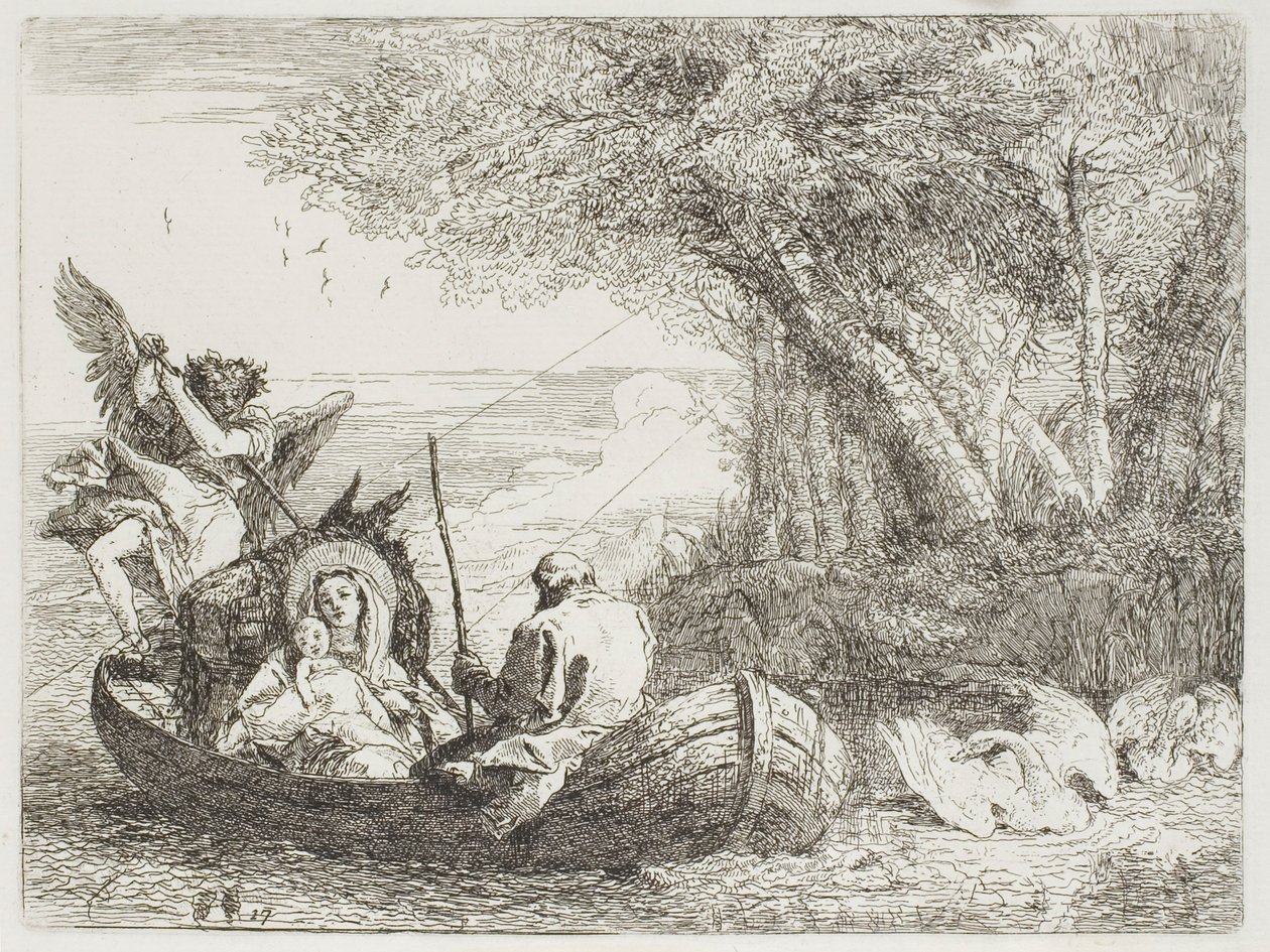 Święta Rodzina Przeprawa przez jezioro łodzią, płyta siedemnasta z Ucieczki do Egiptu autorstwa Giovanni Domenico Tiepolo