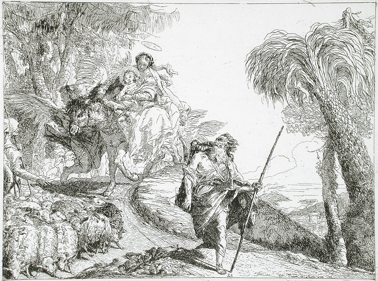 Święta Rodzina schodząca leśną ścieżką, w pobliżu stada i kilku pasterzy autorstwa Giovanni Domenico Tiepolo