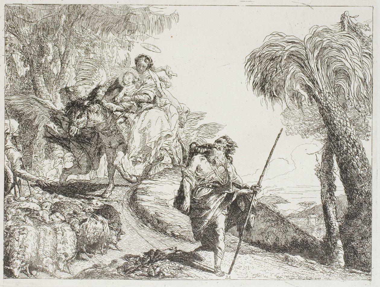 Święta Rodzina schodząc leśną ścieżką, w pobliżu stada i kilku pasterzy, płyta 21 z „Ucieczki do Egiptu” autorstwa Giovanni Domenico Tiepolo
