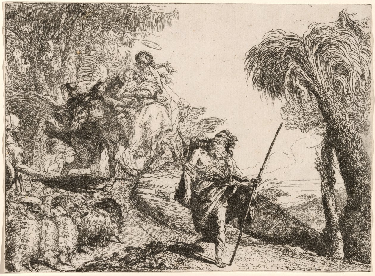 Święta Rodzina schodząca ścieżką w pobliżu pasterzy autorstwa Giovanni Domenico Tiepolo