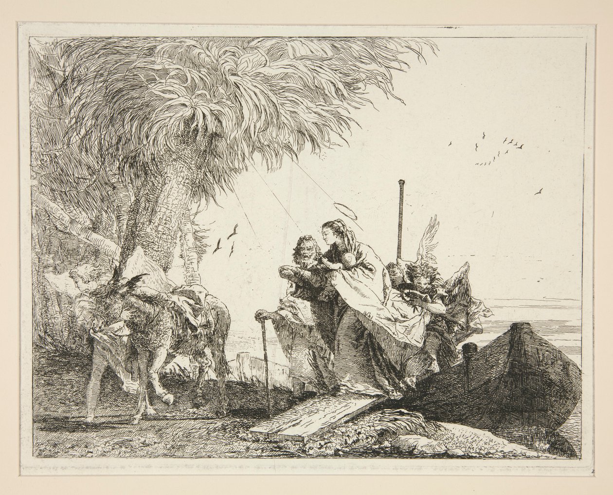 Wysiadanie Świętej Rodziny z cyklu Malownicze Pomysły na Ucieczkę do Egiptu (Ucieczka do Egiptu) autorstwa Giovanni Domenico Tiepolo