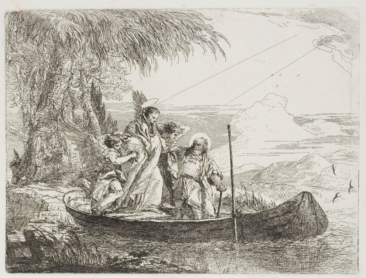 Święta Rodzina wchodząca do łodzi z pomocą aniołów, płyta szesnasta z Ucieczki do Egiptu autorstwa Giovanni Domenico Tiepolo