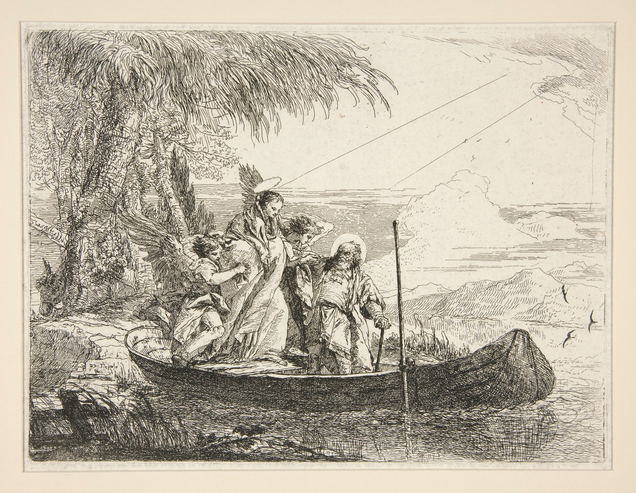 Święta Rodzina wchodzi do łodzi, z cyklu Idee pittoresche sopra la fuga in Egitto (Ucieczka do Egiptu) autorstwa Giovanni Domenico Tiepolo