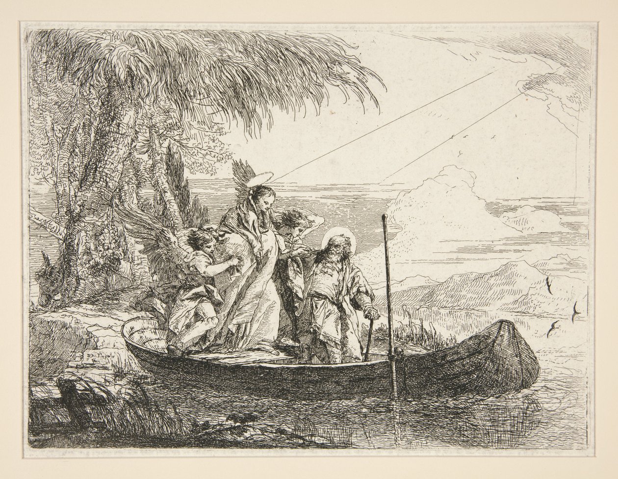 Święta Rodzina wsiada do łodzi, z serii Idee pittoresche sopra la fuga in Egitto (Ucieczka do Egiptu) autorstwa Giovanni Domenico Tiepolo