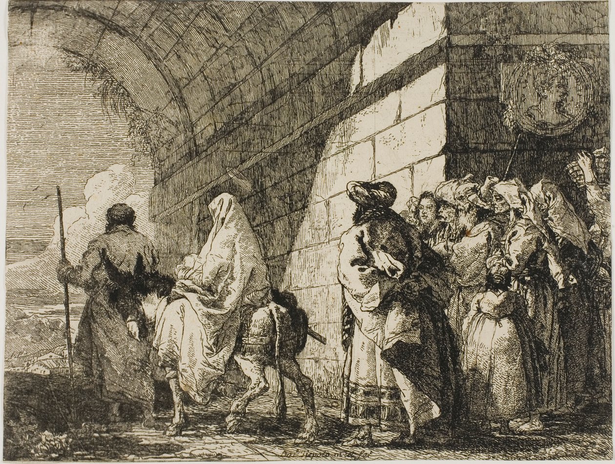 Święta Rodzina wychodząca bramą miejską, tablica siódma z Ucieczki do Egiptu autorstwa Giovanni Domenico Tiepolo