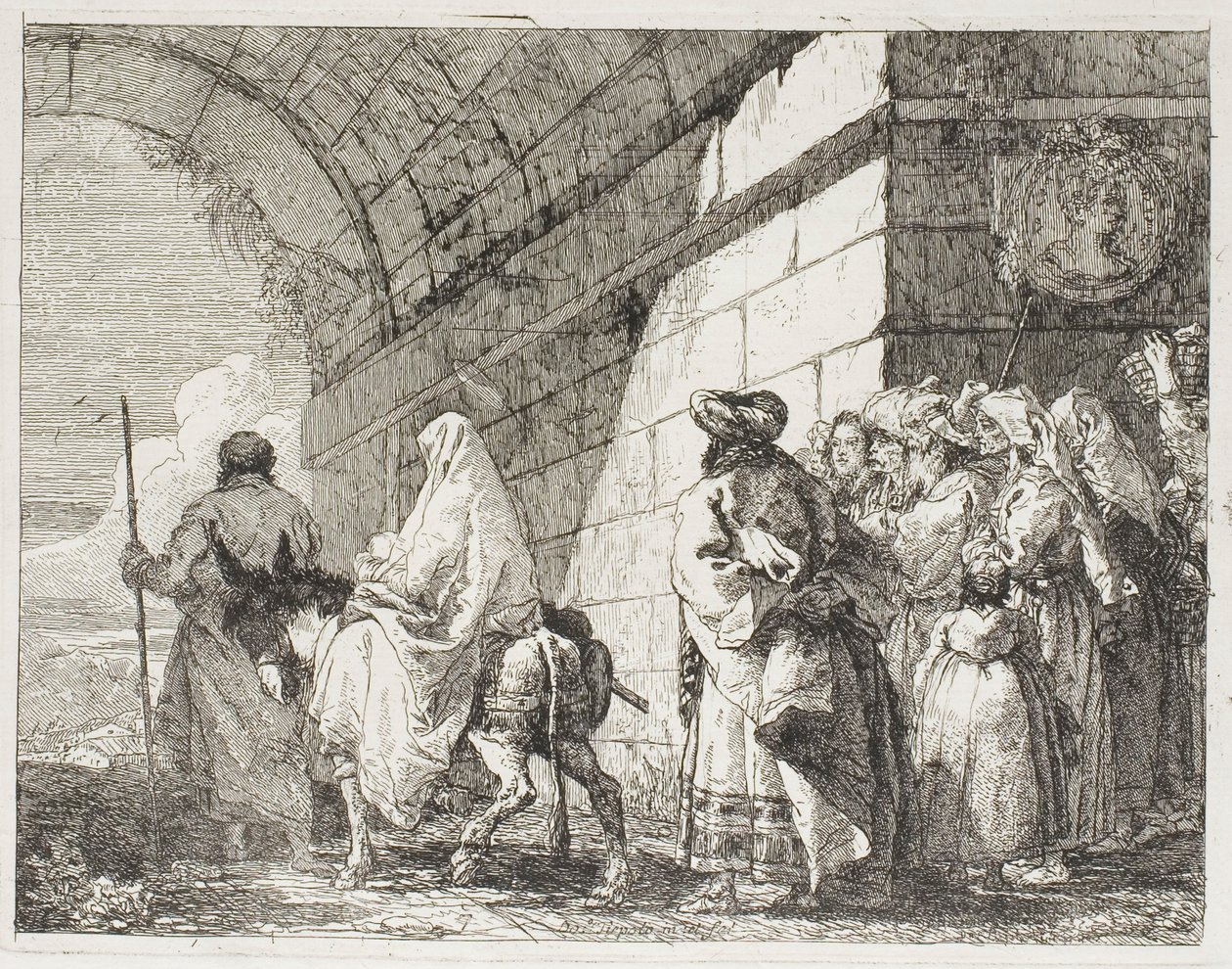 Święta Rodzina wychodząca bramą miejską, tablica siódma z Ucieczki do Egiptu autorstwa Giovanni Domenico Tiepolo