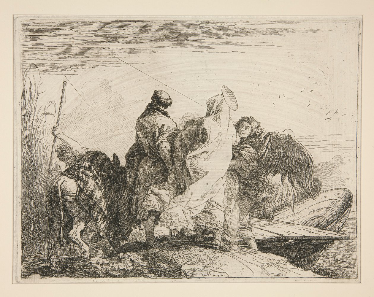 Święta Rodzina opuszczająca brzeg rzeki, z cyklu Idee pittoresche sopra la fuga in Egitto (Ucieczka do Egiptu) autorstwa Giovanni Domenico Tiepolo
