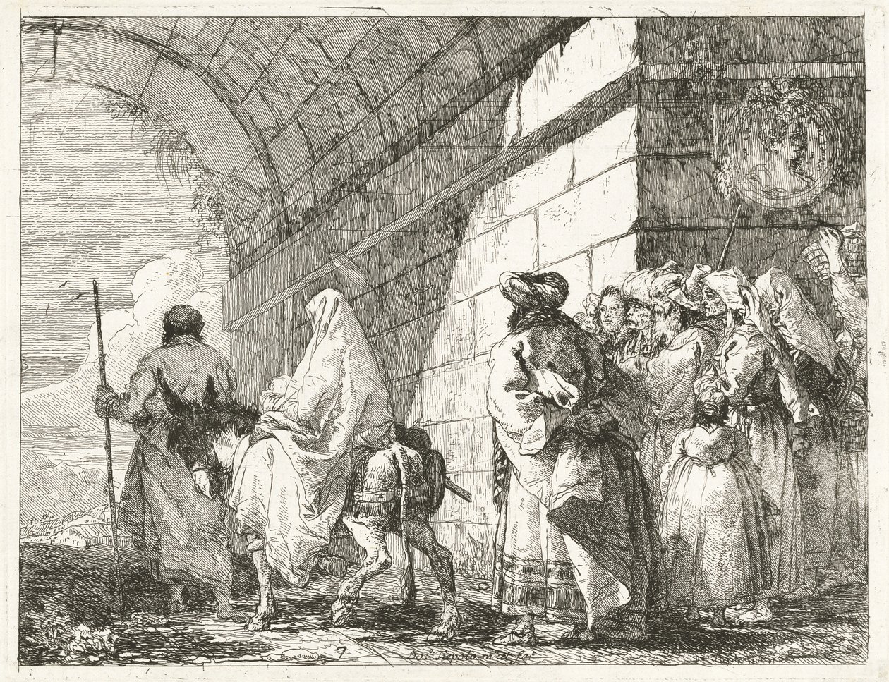Święta Rodzina przechodzi pod łukiem miejskim autorstwa Giovanni Domenico Tiepolo