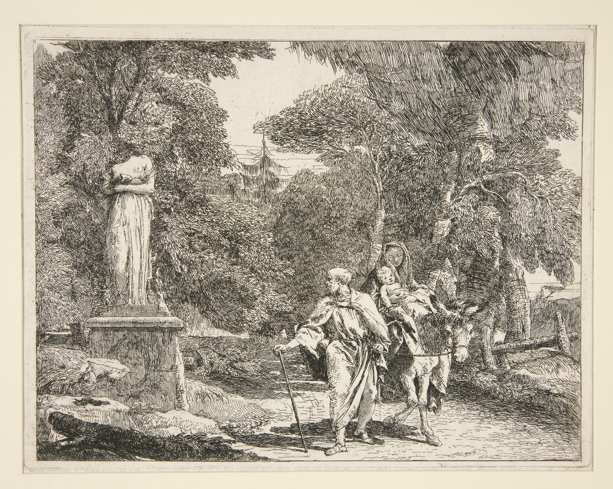 Święta Rodzina przechodząca obok posągu, z cyklu Idee pittoresche sopra la fuga in Egitto (Ucieczka do Egiptu) autorstwa Giovanni Domenico Tiepolo