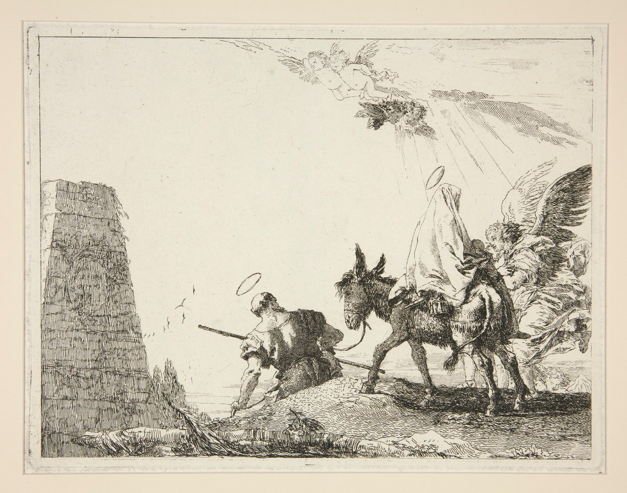 Święta Rodzina przechodząca przez piramidę, z cyklu Idee pittoresche sopra la fuga in Egitto (Ucieczka do Egiptu) autorstwa Giovanni Domenico Tiepolo