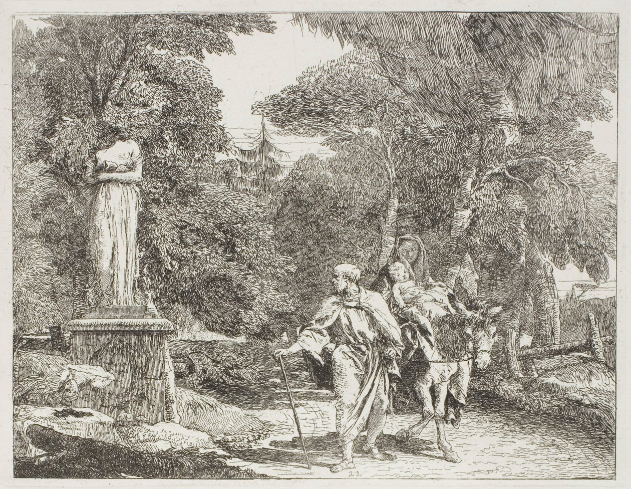 Święta Rodzina przekazująca posąg, którego głowa spada na ziemię, płyta 22 z Ucieczki do Egiptu autorstwa Giovanni Domenico Tiepolo