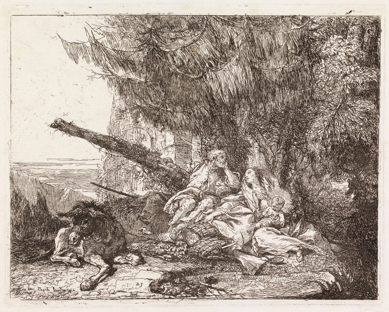Święta Rodzina odpoczywająca pod jodłą (Ucieczka do Egiptu XXIII) autorstwa Giovanni Domenico Tiepolo