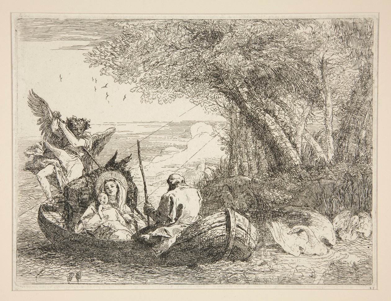 Święta Rodzina płynąca łodzią, z cyklu Idee pittoresche sopra la fuga in Egitto (Ucieczka do Egiptu) autorstwa Giovanni Domenico Tiepolo